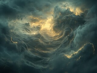 Poster - Dark Teal Clouds with Golden Light Abstract Background