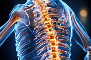 Poster - Detailed 3D Rendering of Human Spine and Rib Cage with Glowing Orange Vertebrae on Dark Blue Background