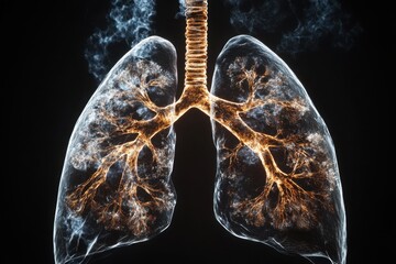 Poster - Detailed Lungs Anatomy Digital Rendering with Glowing Orange and Blue Particles on Dark Background