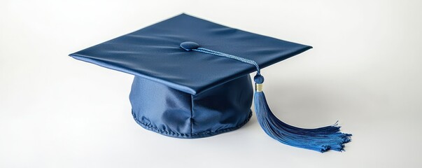 Wall Mural - Professional photo of a blue graduation cap with tassel, isolated on white.