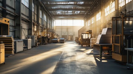 Poster - Bright Industrial Factory Floor with Rolling Steel Sheets and Machinery