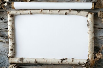 Wall Mural - Birch Wood Framed Chinese Scroll, White Blank Paper.