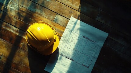 Poster - Yellow Construction Helmet and Blueprint on Wooden Surface