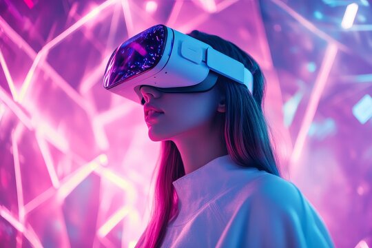 Beautiful young woman with a virtual reality headset, wearing a sleek, minimalistic outfit, standing in a digital landscape with glowing geometric shapes, half-body shot, immersed and focused