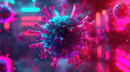Poster - Colorful Digital Render of Virus with Neon Effects in Dark Space