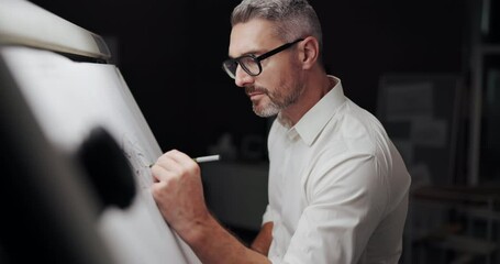 Fototapete - Business, drawing and night with man, illustration and architecture with problem solving. Evening, person and employee with ideas, creativity and deadline with engineering and construction planning