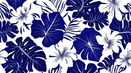 Aufkleber - Blue And White Tropical Leaf Pattern