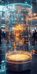 Poster - A striking visual of digital data displayed in a futuristic, illuminated cylinder. The glowing elements create an immersive experience in a tech-inspired environment.