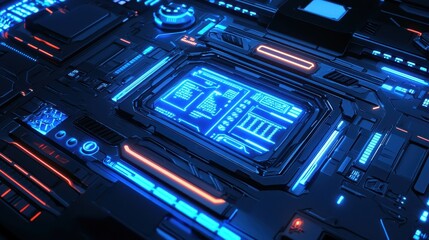 Fototapete - Futuristic Interface Design with Glowing Neon Elements and Circuits