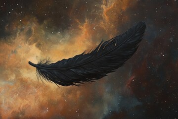 Canvas Print - a black feather is floating in space. the feather is surrounded by a colorful background, which give