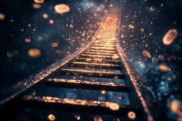 Poster - A staircase with a lot of coins on it. The coins are scattered all over the stairs, and the staircase is lit up with a bright light. The image has a dreamy, surreal quality to it