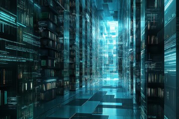 Poster - Futuristic Digital Library Corridor with Data and Technology Elements