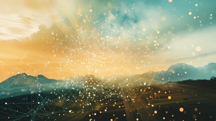 Poster - An abstract landscape featuring luminous particles and vibrant colors in the sky creates a stunning visual effect. Perfect for artistic and nature-themed projects.
