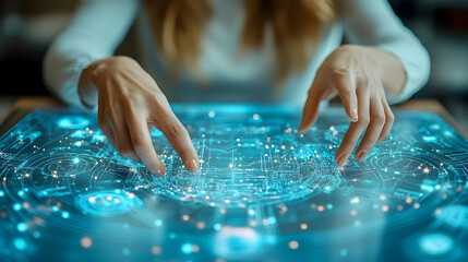 Poster - Woman interacts with a futuristic, holographic interface, manipulating data points and network connections with her fingers