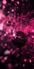 Poster - A close-up view of shimmering glass orbs reflecting light against a vibrant pink bokeh background, creating an elegant and festive atmosphere perfect for creative projects.