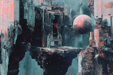 Poster - A large building with a door and a large red ball in the sky. The building is made of stone and has a lot of texture. The ball is floating in the air and he is glowing