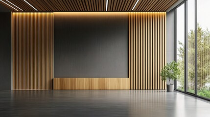 Poster - Modern Empty Room with Gray Slat Wall and Natural Light