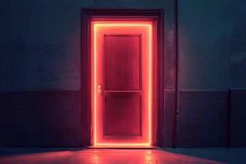 Wall Mural - a red door with neon lights glowing on it. the door is open and the lights are glowing in the dark