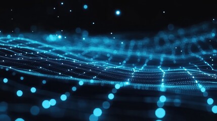Poster - Abstract Digital Wave:  A mesmerizing visualization of interconnected data points forming a dynamic, flowing wave pattern in shades of blue against a dark background.