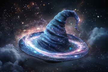 Poster - A whimsical wizard hat floats in a vibrant cosmic scene filled with swirling galaxies and bright stars, evoking a sense of magic and wonder in the universe.