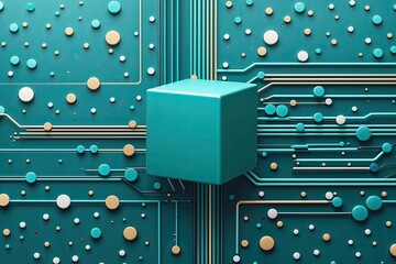 Poster - Vibrant Teal Cube Backdrop with Connected Dots and Lines for Tech and Innovation