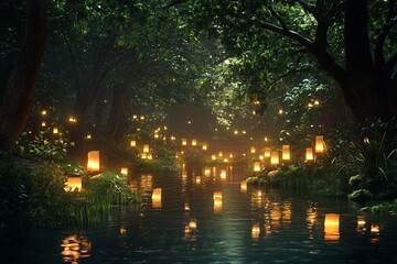 Poster - A tranquil forest scene featuring glowing lanterns illuminating the water's surface, creating a serene and magical atmosphere in nature at night.