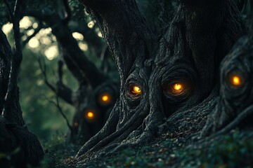 Poster - Enigmatic Forest Scene with Glowing Eyes in Ancient Trees