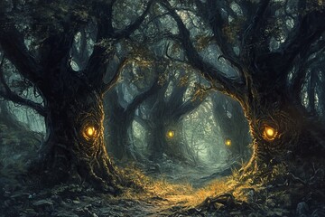 Poster - A captivating forest scene featuring ancient trees with glowing eyes. The mysterious atmosphere invites exploration through the darkened woodland path illuminated by soft light.