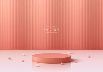 Wall Mural - 3d coral red cylindrical podium background with vertical pattern wall scene. minimalist 3d mockup pe