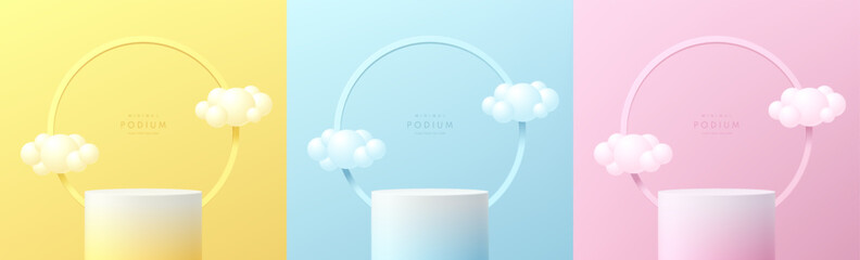 Wall Mural - set of 3d cylindrical podium in pink, yellow, blue background with ring and cloud floating. minimali