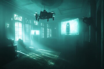 Wall Mural - The room is dimly lit with a green light shining on the television. The television is on and the room appears to be a living room
