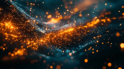 Poster - captivating abstract digital wave featuring glowing particles in orange, set against a dark backdrop
