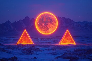 Poster - Neon Geometric Shapes with Bright Sun in a Mystical Landscape