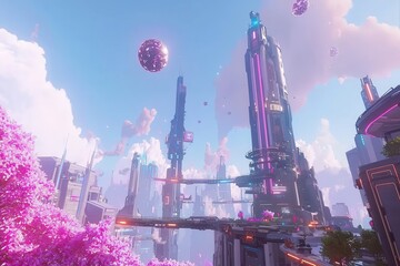 Poster - Futuristic Cityscape with Tall Towers and Vibrant Sky Elements