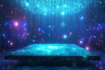 Poster - futuristic digital platform in a cosmic space with glowing holographic display