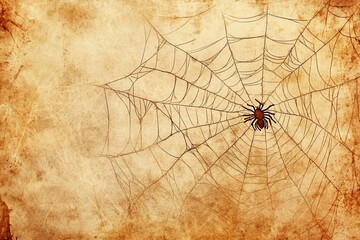 Poster - Captivating image of a spider web set against a vintage-style textured background. The intricate details of the web and spider create a striking visual effect.