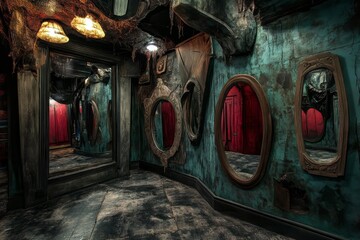 Wall Mural - A dark room with a mirror on the wall. The room is empty and has a creepy atmosphere