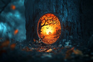 Poster - A mystical doorway in a tree reveals a vibrant autumn scene with a glowing pumpkin, creating an enchanting and spooky atmosphere perfect for Halloween.