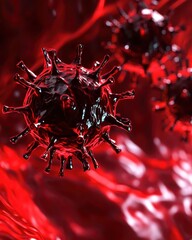 Poster - Red Microscopic Virus Close-Up in Abstract Liquid Background