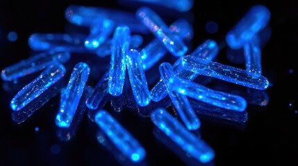 Poster - Abstract Glittering Blue Objects with Sparkling Glow on Black Surface