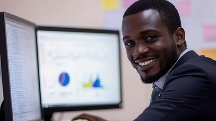 Poster - smiling businessman analyzing financial data in modern office setting