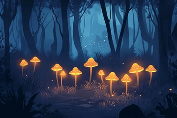 Poster - A captivating scene featuring glowing mushrooms in a tranquil forest at night. The blue hues and soft illumination create a magical atmosphere.