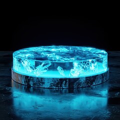 Poster - Glowing Blue Ice Display on Dark Surface in Artistic Setting
