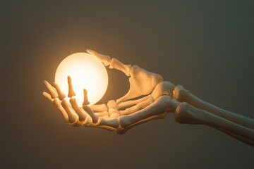 Poster - A striking image of a human skeleton hand gently cradling a glowing orb, creating a surreal blend of anatomy and illumination. The scene evokes a sense of calm and mystery.