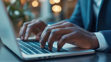 Poster - Close-up of Businessman's Hands Typing on Laptop in Office Setting