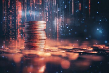 Poster - a stack of coins is on a table with a blurry background