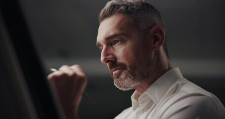 Aufkleber - Business, thinking and man with ideas, creativity and architecture with decision. Evening, wonder and employee with ideas, illustration and deadline with engineering, choice and construction planning