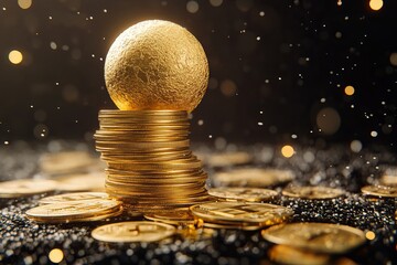 Poster - a pile of gold coins and a gold ball on top of them. the gold coins are stacked on top of each other