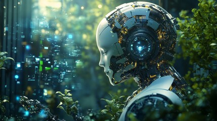 Poster - A serene futuristic robot interacts with vibrant greenery, representing a harmonious connection between technology and nature in a digitally enhanced landscape.