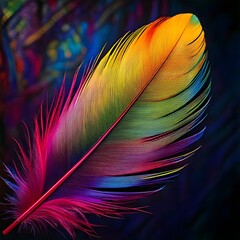 Wall Mural - A vibrant feather displays a gradient of colors ranging from red to blue against a dark, blurred background. Its radiant hues stand out vividly, giving a sense of lightness and beauty.